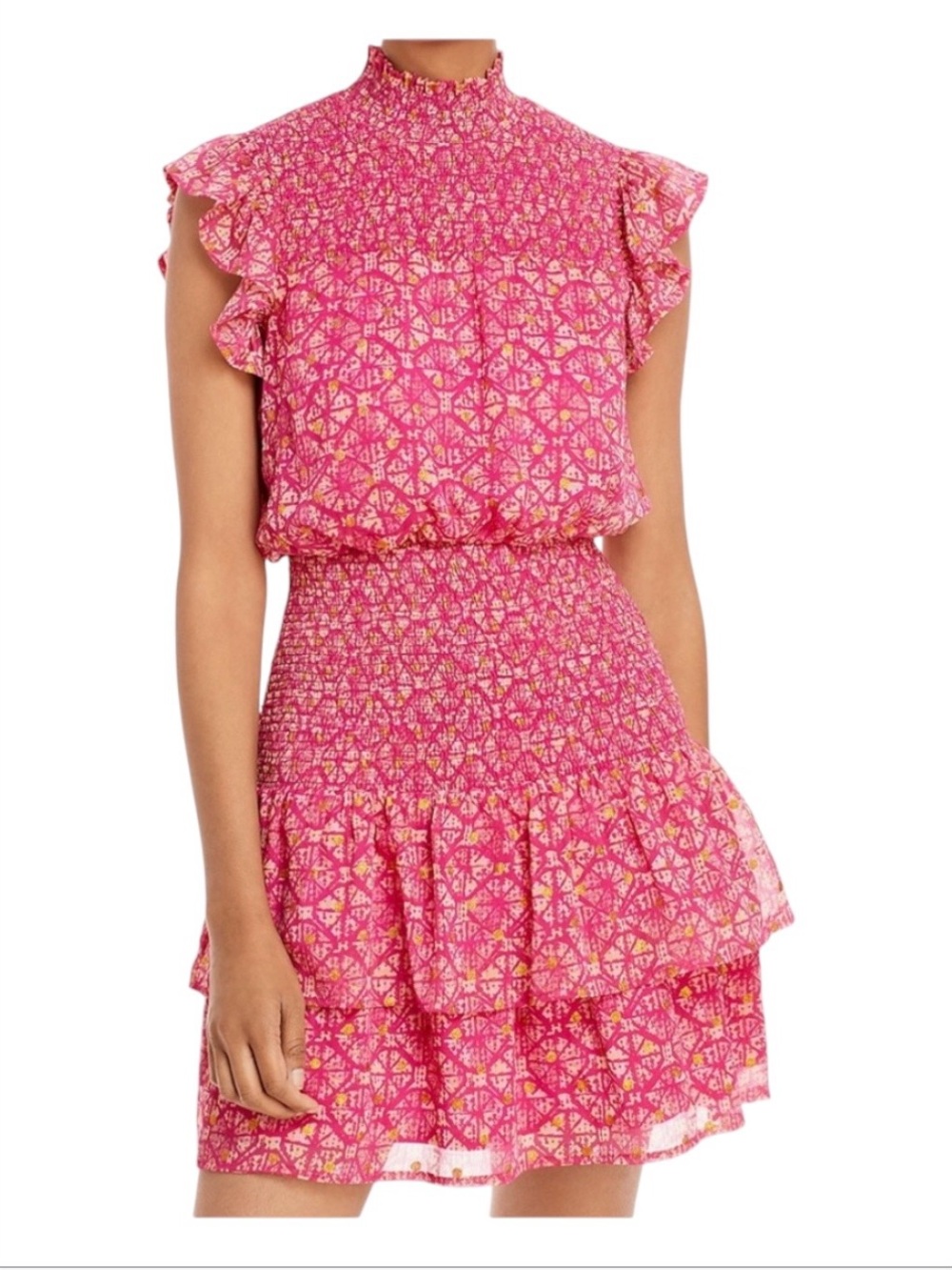 NWT AQUA Pink Gold Printed Smocked Ruffle Mock Neck Dress Size XL (Fits Smaller)